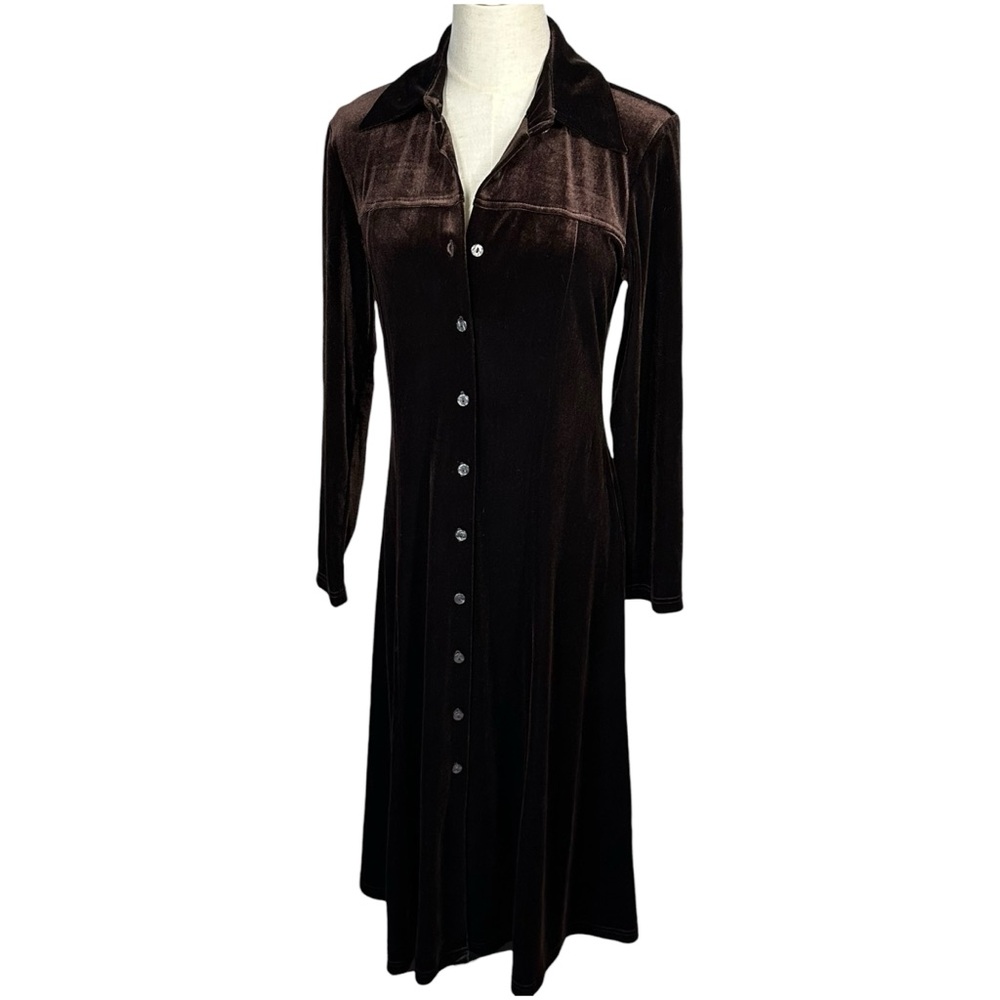 Vtg Coldwater Creek Full Button Velvet Shirt Midi Dress Sz 6P Chocolate Brown